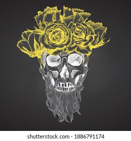 Hand drawn sketch human skull with beard and mustache in wreath of flowers Yellow roses Funny character Chalk graphic Engraving art isolated on chalkboard background Vintage style. Vector illustration