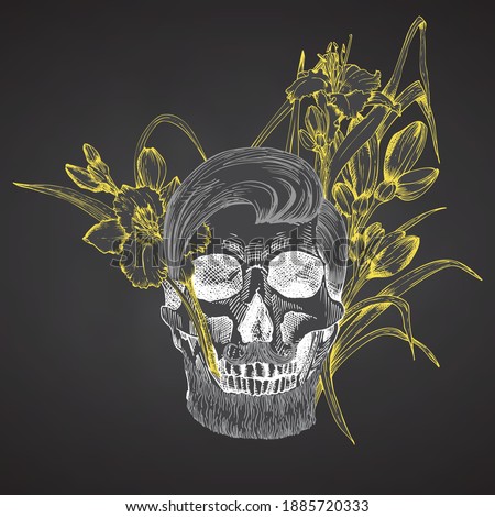 Hand drawn sketch human skull with beard and mustache in wreath of flowers. Yellow lilies Funny character Chalk graphic Engraving isolated on chalkboard background Vintage style Vector illustration