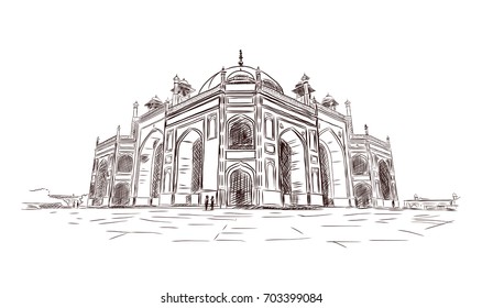 Hand drawn sketch of Humayun's Tomb at New Delhi in vector illustration. Historical place in New Delhi, India.