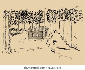 Hand drawn sketch hut in the middle of forrest. monochrome vintage illustration in doodle style