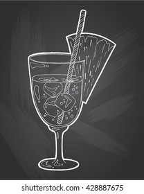Hand drawn sketch ice alcoholic cocktail with pineapple vintage . Vector illustration for coctail menu in chalkboard background. Vector illustration in sketch style.  Hand drawn design element