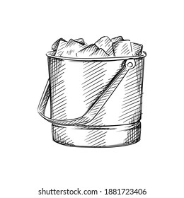 Esbozo dibujado a mano de una cubeta de hielo para bebidas frías sobre un fondo blanco. Esbozo blanco y negro de cubo con hielo. Inventario de barras