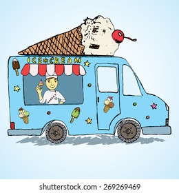 Hand drawn sketch Ice Cream Truck, Color filed and Playful with yang man seller and Ice Cream cone on top.