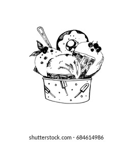 Hand Drawn Sketch of Ice Cream in Bowl. Vintage Sketch. Great for Banner and Label