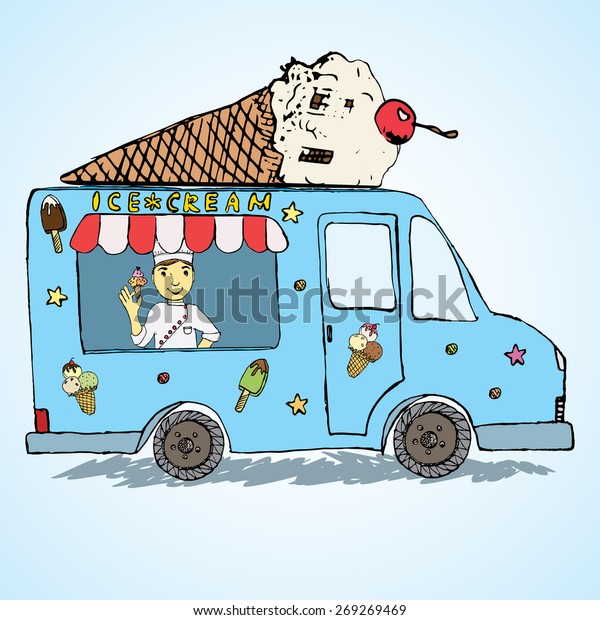 Hand drawn sketch Ice\
Cream Truck, Color filed and Playful with yang man seller and Ice\
Cream cone on top.