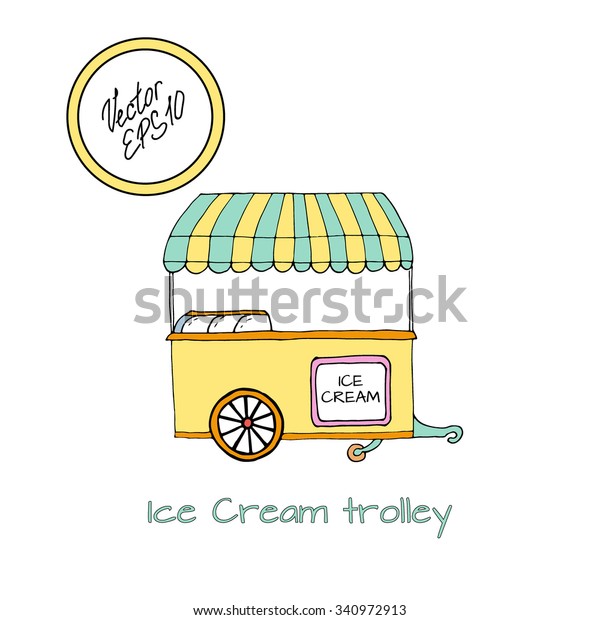 Hand drawn\
sketch of Ice cream trolley. Colored in mint green and yellow\
sketch. Front view. Vector illustration. Funny kids style.\
transport for street shop or street\
market.