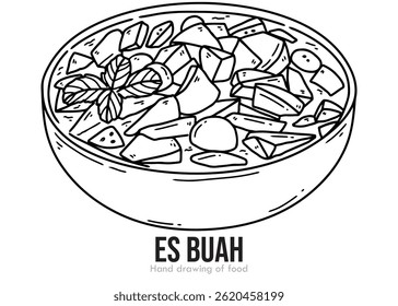 Hand drawn sketch of ice fruit or es buah, indonesian cuisine, black ink, sweet food