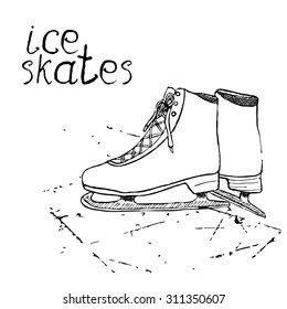 Hand Drawn Sketch Ice Skates. Drawing Sport Doodle Element Winter Sports Items. On Chalkboard Background.