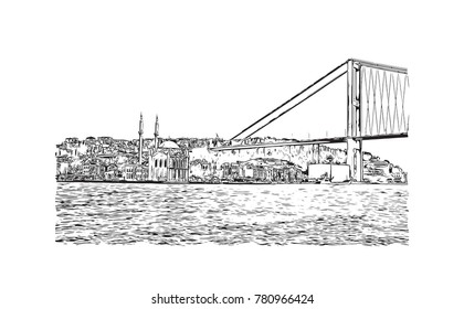 Hand drawn sketch of Iconic shot of Istanbul Bosphorus Bridge, Istanbul, Turkey in vector illustration.