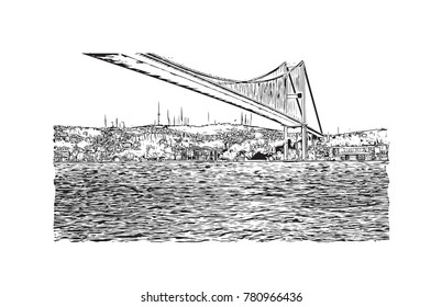 Hand drawn sketch of Iconic shot of Istanbul Bosphorus Bridge, Istanbul, Turkey in vector illustration.
