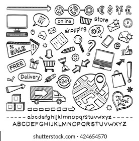 Hand drawn sketch icons set isolated on white background.. E-commerce.  Online shopping.