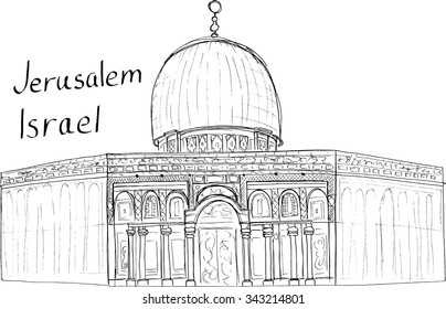Hand drawn sketch illustration architecture landmark of Israel Jerusalem Mosque Dome of the Rock with lettering vector