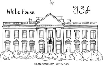 Hand drawn sketch illustration architecture landmark of White House, USA, Washington with lettering vector