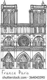 Hand drawn sketch illustration architecture landmark of Notre Dame Paris France with lettering vector