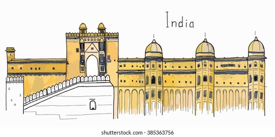 Hand drawn sketch illustration architecture landmark of Amber Fort, Jaipur, India landmark with lettering coloring vector