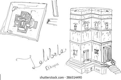 Hand drawn sketch illustration architecture landmark of Rock-Hewn Churches, Lalibela, Ethiopia with lettering vector