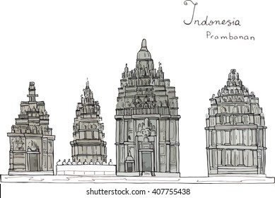 Hand drawn sketch illustration architecture landmark of Indonesia Prambanan temle with lettering colored vector