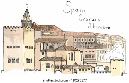 Hand drawn sketch illustration architecture landmark of Spain, Granada, Alhambra architectural ensemble with lettering on paper colored vector