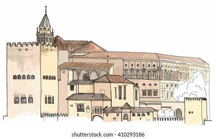 Hand drawn sketch illustration architecture landmark of Spain, Granada, Alhambra architectural ensemble on paper colored vector