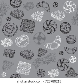Hand drawn sketch illustration bakery on a grey background seamless pattern