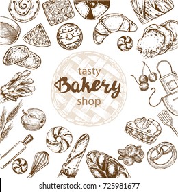 Hand drawn sketch illustration bakery on a white background. Donut, buns, wheat, bread, pie and fruit