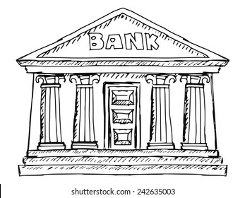 hand drawn, sketch illustration of bank