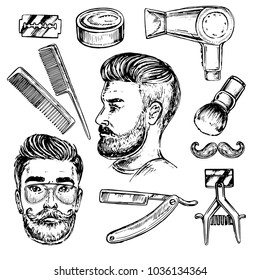 Hand drawn sketch illustration with Barber Shop set