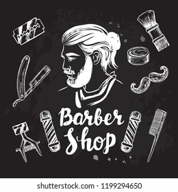 Hand drawn sketch illustration Barbershop silhouette on a black background