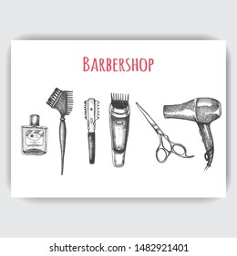 Hand drawn sketch illustration for barbershop. Accessories for the hairdresser, made in graphic style.