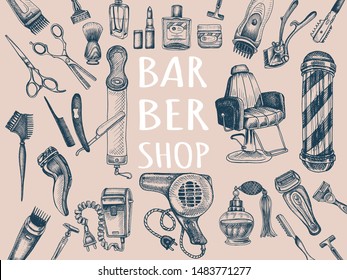 Hand drawn sketch illustration for barbershop. Identity Hair Salon. Accessories for the hairdresser, made in graphic style.