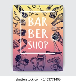 Hand drawn sketch illustration for barbershop. Identity Hair Salon. Accessories for the hairdresser, made in graphic style.