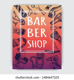 Hand drawn sketch illustration for barbershop. Identity Hair Salon. Accessories for the hairdresser, made in graphic style.