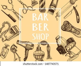 Hand drawn sketch illustration for barbershop. Identity Hair Salon. Accessories for the hairdresser, made in graphic style.