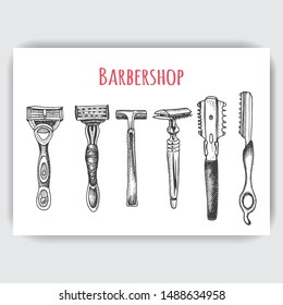 Hand drawn sketch illustration for barbershop. Accessories for the hairdresser, made in graphic style.