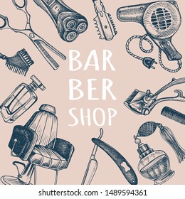 Hand drawn sketch illustration for barbershop. Identity Hair Salon. Accessories for the hairdresser, made in graphic style.
