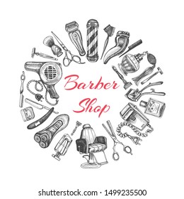 Hand drawn sketch illustration for barbershop. Identity Hair Salon. Accessories for the hairdresser, made in graphic style.