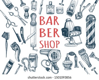 Hand drawn sketch illustration for barbershop. Identity Hair Salon. Accessories for the hairdresser, made in graphic style.