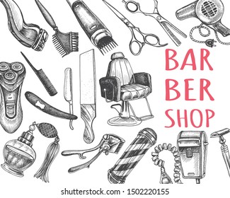 Hand drawn sketch illustration for barbershop. Identity Hair Salon. Accessories for the hairdresser, made in graphic style.