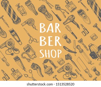 Hand drawn sketch illustration for barbershop. Identity Hair Salon. Accessories for the hairdresser, made in graphic style.