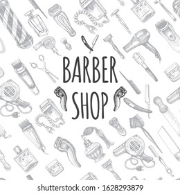 Hand drawn sketch illustration for barbershop. Identity Hair Salon. Accessories for the hairdresser, made in graphic style.