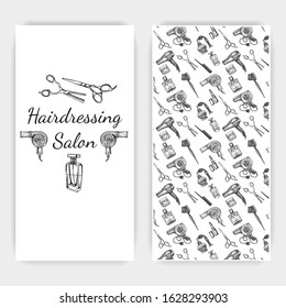 Hand drawn sketch illustration for barbershop. Identity Hair Salon. Accessories for the hairdresser, made in graphic style.