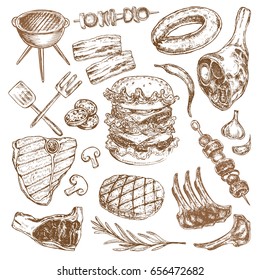 hand drawn sketch illustration BBQ and meat collection