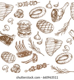 hand drawn sketch illustration BBQ and meat seamless pattern