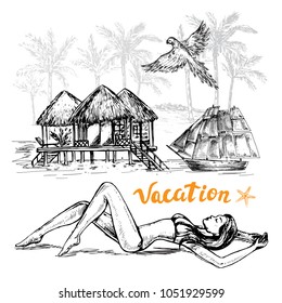 Hand drawn sketch illustration beautiful girl on the vacation and summer elements