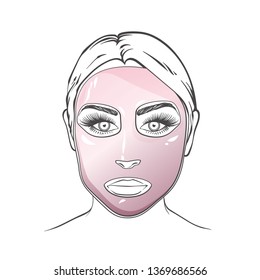 Hand drawn sketch illustration with beautiful woman with face mask, vector illustration isolated on white background