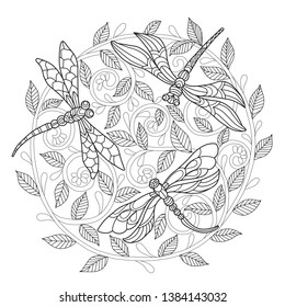 Hand drawn sketch illustration of beautiful dragonflies for adult coloring book, T-shirt emblem, logo or tattoo, zentangle design elements. Zentangle stylized cartoon isolated on white background. 