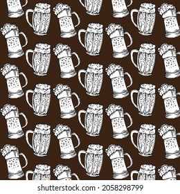 Hand drawn sketch illustration beer seamless pattern