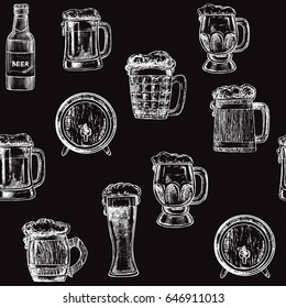 Hand drawn sketch illustration beer seamless pattern on a black background