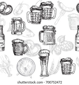 Hand drawn sketch illustration beer seamless pattern on a white background