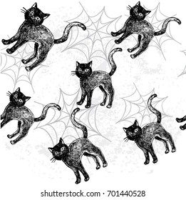 hand drawn sketch illustration black cat seamless pattern